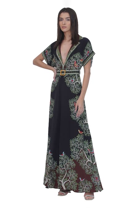 Limerick By Abirr N' Nanki_Black Crepe Embroidery V-neck Printed Jumpsuit With Belt _Online_at_Aza_Fashions