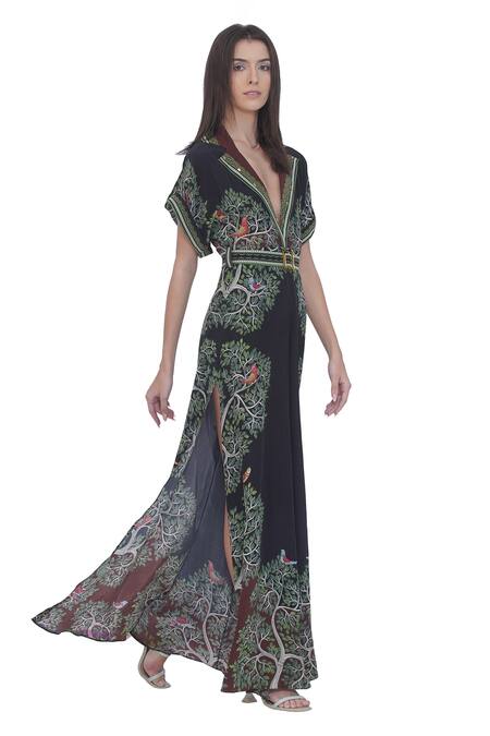 Shop_Limerick By Abirr N' Nanki_Black Crepe Embroidery V-neck Printed Jumpsuit With Belt _Online_at_Aza_Fashions