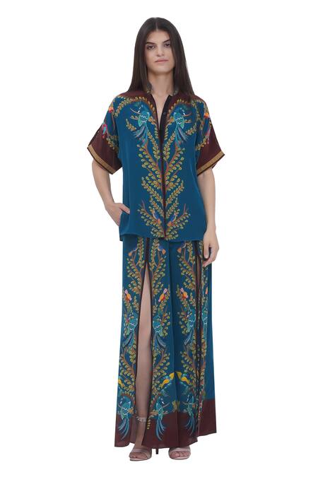 Limerick By Abirr N' Nanki_Multi Color Crepe Embroidery Collared Multicolor Printed Shirt And Belt Set _Online_at_Aza_Fashions