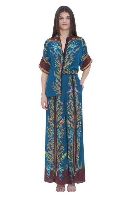 Shop_Limerick By Abirr N' Nanki_Multi Color Crepe Embroidery Collared Multicolor Printed Shirt And Belt Set _Online_at_Aza_Fashions