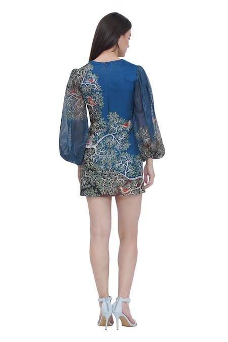 Shop_Limerick By Abirr N' Nanki_Blue Satin V-neck Floral Print Dress With Puff Sleeves _at_Aza_Fashions