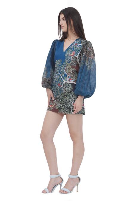 Limerick By Abirr N' Nanki_Blue Satin V-neck Floral Print Dress With Puff Sleeves _Online_at_Aza_Fashions