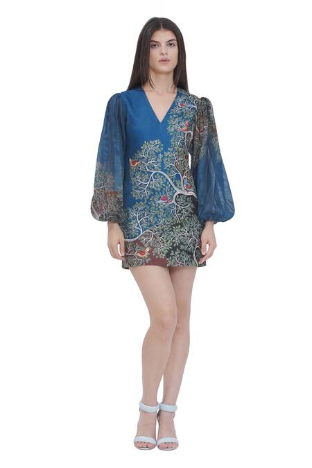 Buy_Limerick By Abirr N' Nanki_Blue Satin V-neck Floral Print Dress With Puff Sleeves _Online_at_Aza_Fashions