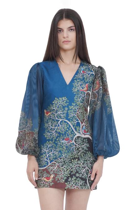 Shop_Limerick By Abirr N' Nanki_Blue Satin V-neck Floral Print Dress With Puff Sleeves _Online_at_Aza_Fashions
