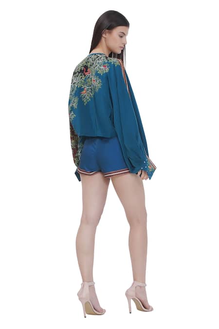 Shop Limerick By Abirr N' Nanki Blue Satin Scallop Textured Shorts at Aza Fashions Shop_Limerick By Abirr N' Nanki_Blue Satin Scallop Textured Shorts _at_Aza_Fashions