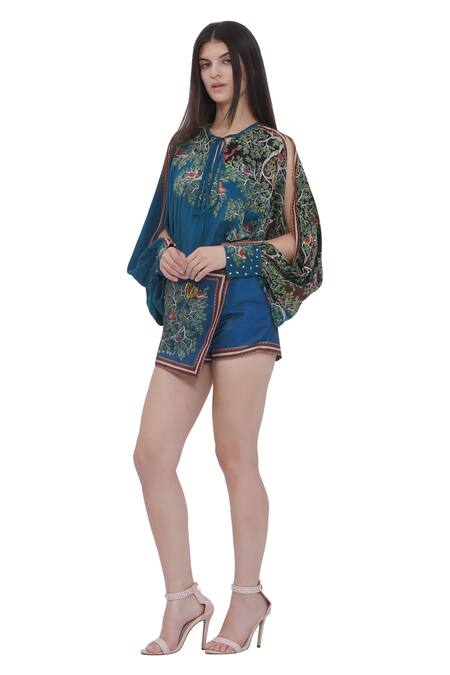 Limerick By Abirr N' Nanki Blue Satin Scallop Textured Shorts Online at Aza Fashions Limerick By Abirr N' Nanki_Blue Satin Scallop Textured Shorts _Online_at_Aza_Fashions
