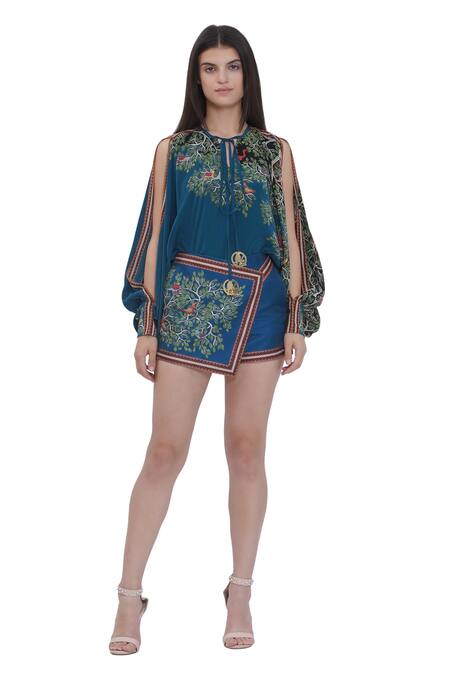 Shop Limerick By Abirr N' Nanki Blue Satin Scallop Textured Shorts Online at Aza Fashions Shop_Limerick By Abirr N' Nanki_Blue Satin Scallop Textured Shorts _Online_at_Aza_Fashions