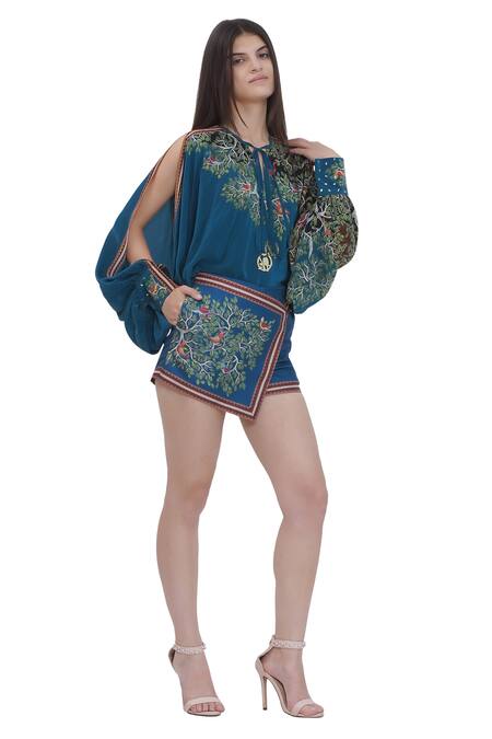 Limerick By Abirr N' Nanki Blue Satin Scallop Textured Shorts at Aza Fashions Limerick By Abirr N' Nanki_Blue Satin Scallop Textured Shorts _at_Aza_Fashions