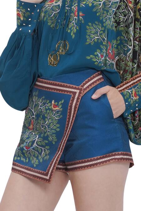 Buy Limerick By Abirr N' Nanki Blue Satin Scallop Textured Shorts Buy_Limerick By Abirr N' Nanki_Blue Satin Scallop Textured Shorts