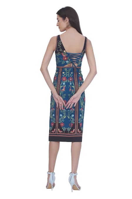 Shop_Limerick By Abirr N' Nanki_Blue Brocade Embroidery Square Neck Floral Print Fitted Midi Dress _at_Aza_Fashions