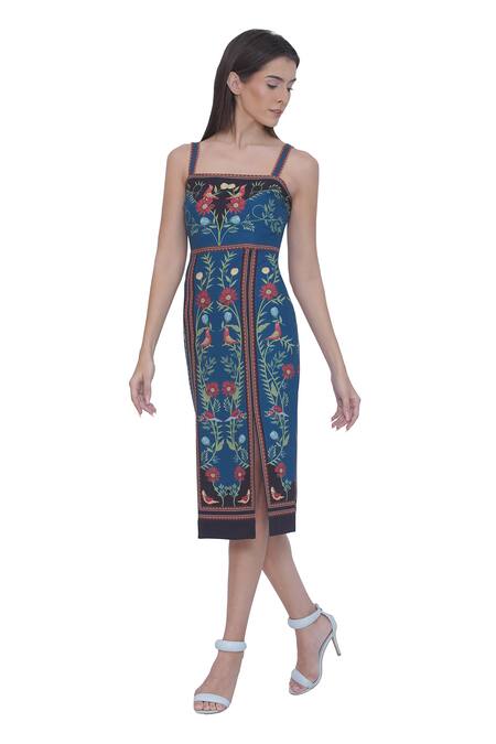 Limerick By Abirr N' Nanki_Blue Brocade Embroidery Square Neck Floral Print Fitted Midi Dress _Online_at_Aza_Fashions