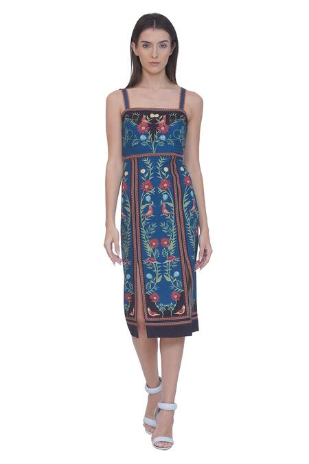 Buy_Limerick By Abirr N' Nanki_Blue Brocade Embroidery Square Neck Floral Print Fitted Midi Dress _Online_at_Aza_Fashions