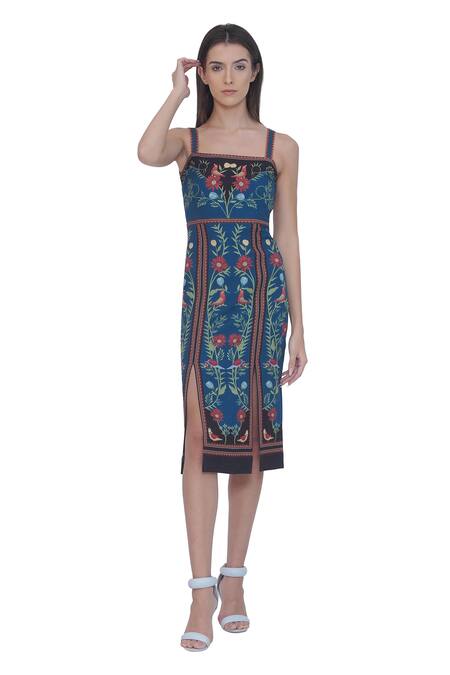 Shop_Limerick By Abirr N' Nanki_Blue Brocade Embroidery Square Neck Floral Print Fitted Midi Dress _Online_at_Aza_Fashions