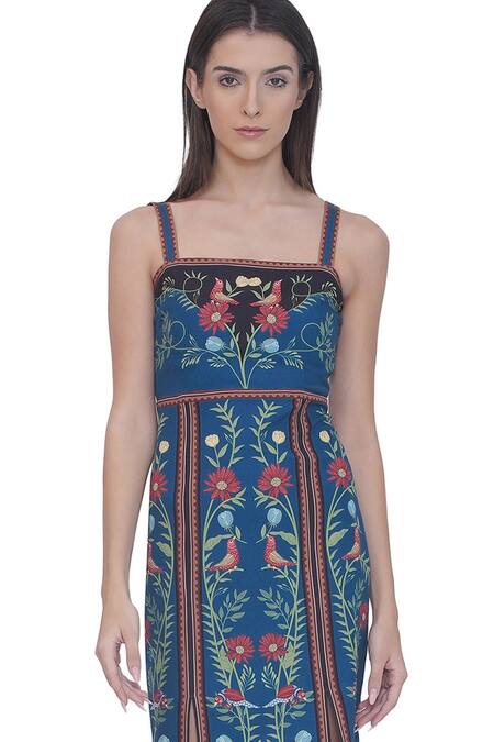 Limerick By Abirr N' Nanki_Blue Brocade Embroidery Square Neck Floral Print Fitted Midi Dress _at_Aza_Fashions