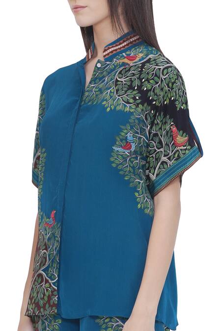 Buy Limerick By Abirr N' Nanki Blue Crepe Embroidery Collared Printed Shirt And Belt Set Online at Aza Fashions Buy_Limerick By Abirr N' Nanki_Blue Crepe Embroidery Collared Printed Shirt And Belt Set _Online_at_Aza_Fashions