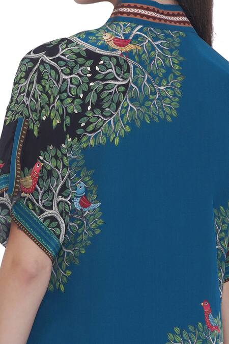 Shop Limerick By Abirr N' Nanki Blue Crepe Embroidery Collared Printed Shirt And Belt Set Online at Aza Fashions Shop_Limerick By Abirr N' Nanki_Blue Crepe Embroidery Collared Printed Shirt And Belt Set _Online_at_Aza_Fashions