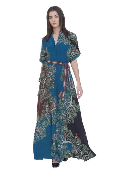 Buy Limerick By Abirr N' Nanki Blue Crepe Embroidery Collared Printed Shirt And Belt Set Buy_Limerick By Abirr N' Nanki_Blue Crepe Embroidery Collared Printed Shirt And Belt Set