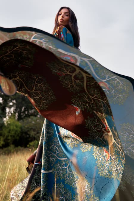 Buy_Limerick By Abirr N' Nanki_Blue Satin Scallop Textured Skirt _Online_at_Aza_Fashions