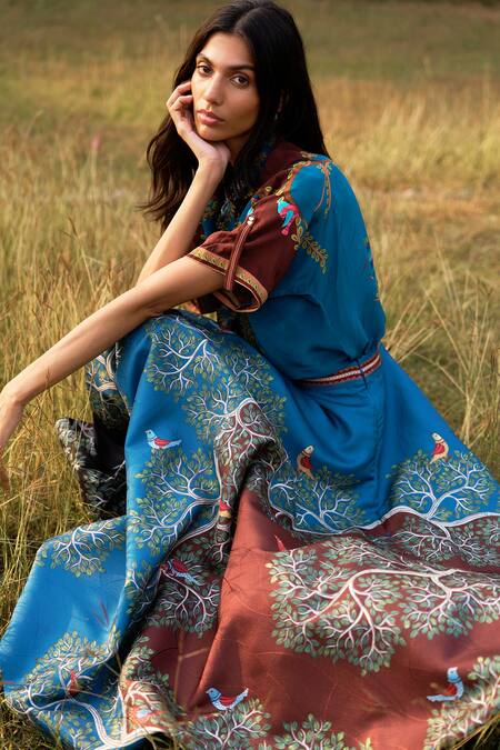 Shop_Limerick By Abirr N' Nanki_Blue Satin Scallop Textured Skirt _Online_at_Aza_Fashions