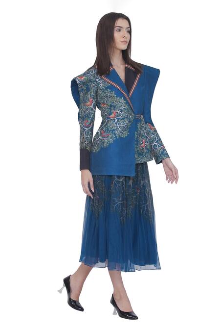 Shop Limerick By Abirr N' Nanki Blue Satin Embroidery Collared Scallop Textured Jacket Online at Aza Fashions Shop_Limerick By Abirr N' Nanki_Blue Satin Embroidery Collared Scallop Textured Jacket _Online_at_Aza_Fashions
