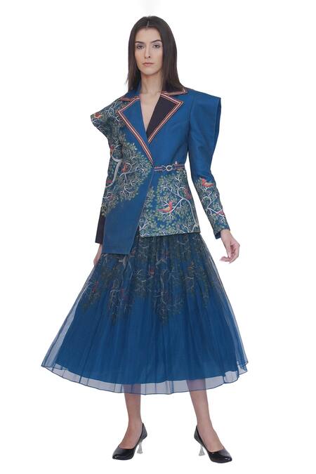 Limerick By Abirr N' Nanki Blue Satin Embroidery Collared Scallop Textured Jacket at Aza Fashions Limerick By Abirr N' Nanki_Blue Satin Embroidery Collared Scallop Textured Jacket _at_Aza_Fashions