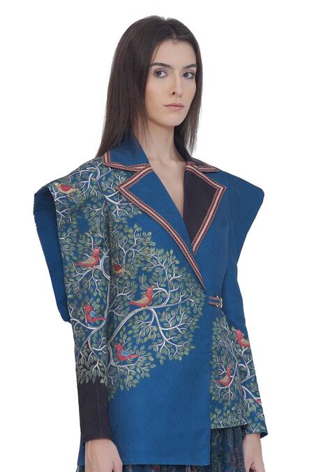 Buy Limerick By Abirr N' Nanki Blue Satin Embroidery Collared Scallop Textured Jacket Buy_Limerick By Abirr N' Nanki_Blue Satin Embroidery Collared Scallop Textured Jacket
