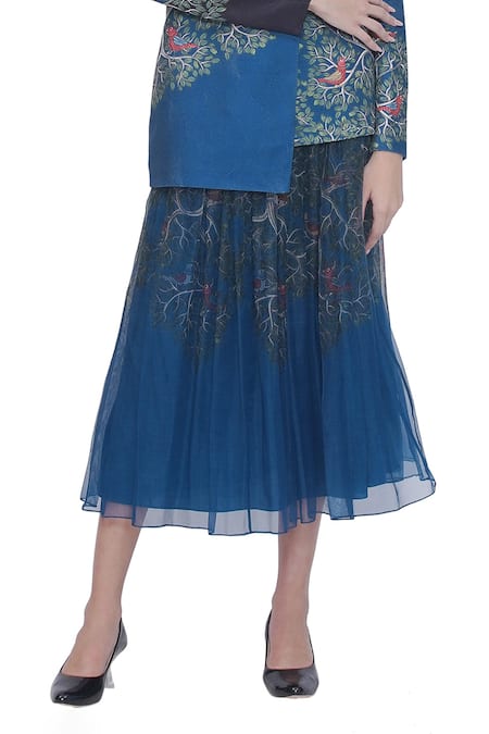 Limerick By Abirr N' Nanki Blue Organza Embroidery Designer Midi Skirt Online at Aza Fashions Limerick By Abirr N' Nanki_Blue Organza Embroidery Designer Midi Skirt _Online_at_Aza_Fashions