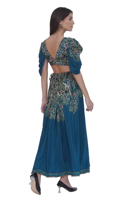 Shop Limerick By Abirr N' Nanki Blue Crepe Embroidery V-neck Floral Print Maxi Dress at Aza Fashions Shop_Limerick By Abirr N' Nanki_Blue Crepe Embroidery V-neck Floral Print Maxi Dress _at_Aza_Fashions