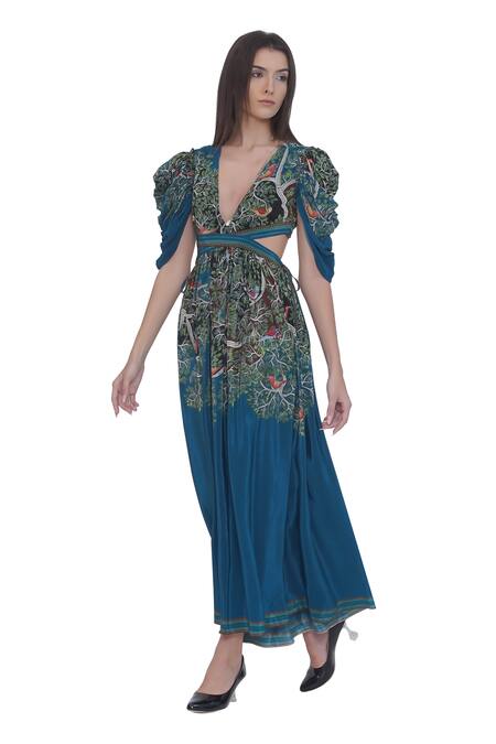 Limerick By Abirr N' Nanki Blue Crepe Embroidery V-neck Floral Print Maxi Dress Online at Aza Fashions Limerick By Abirr N' Nanki_Blue Crepe Embroidery V-neck Floral Print Maxi Dress _Online_at_Aza_Fashions