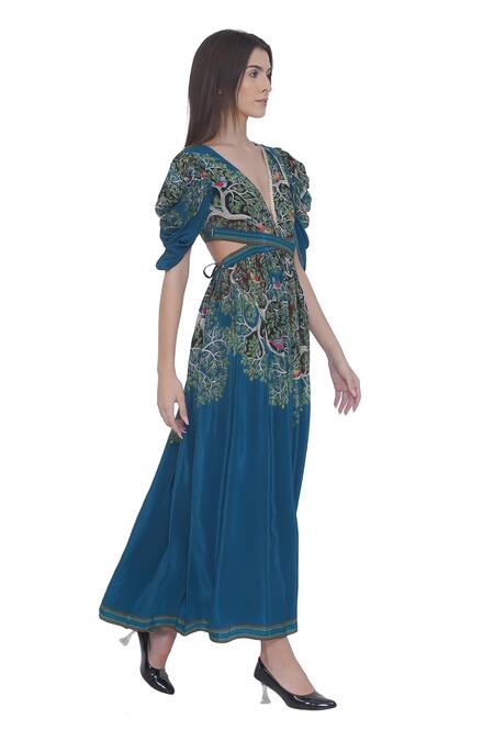 Buy Limerick By Abirr N' Nanki Blue Crepe Embroidery V-neck Floral Print Maxi Dress Online at Aza Fashions Buy_Limerick By Abirr N' Nanki_Blue Crepe Embroidery V-neck Floral Print Maxi Dress _Online_at_Aza_Fashions