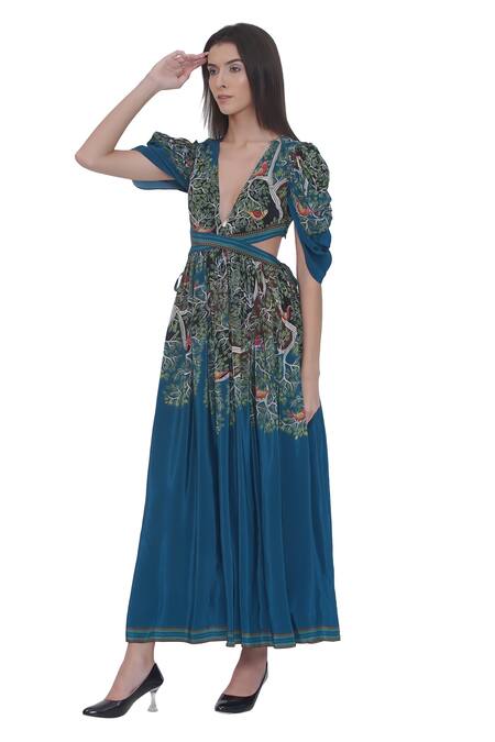 Shop Limerick By Abirr N' Nanki Blue Crepe Embroidery V-neck Floral Print Maxi Dress Online at Aza Fashions Shop_Limerick By Abirr N' Nanki_Blue Crepe Embroidery V-neck Floral Print Maxi Dress _Online_at_Aza_Fashions
