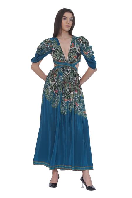 Limerick By Abirr N' Nanki Blue Crepe Embroidery V-neck Floral Print Maxi Dress at Aza Fashions Limerick By Abirr N' Nanki_Blue Crepe Embroidery V-neck Floral Print Maxi Dress _at_Aza_Fashions