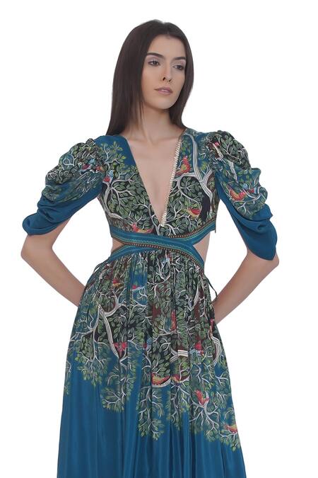 Buy Limerick By Abirr N' Nanki Blue Crepe Embroidery V-neck Floral Print Maxi Dress Buy_Limerick By Abirr N' Nanki_Blue Crepe Embroidery V-neck Floral Print Maxi Dress