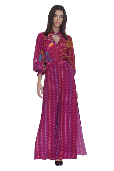 Limerick By Abirr N' Nanki_Pink Crepe Embroidery Keyhole Neck Printed Shirt _Online_at_Aza_Fashions
