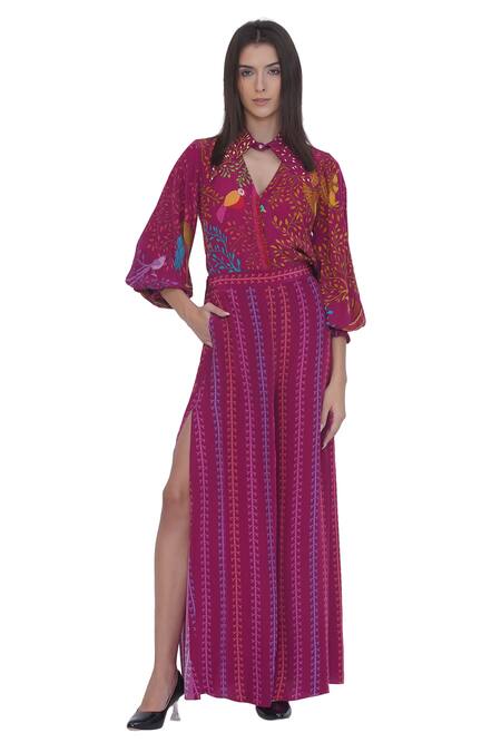 Limerick By Abirr N' Nanki_Pink Crepe Embroidery Keyhole Neck Printed Shirt _at_Aza_Fashions