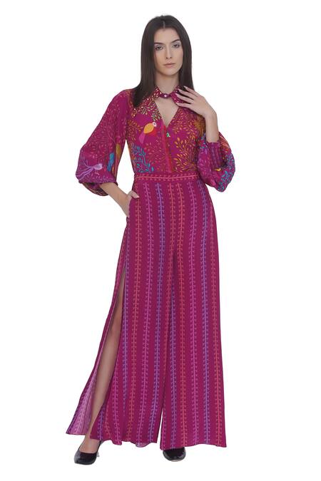 Buy_Limerick By Abirr N' Nanki_Pink Crepe Embroidery Keyhole Neck Printed Shirt 