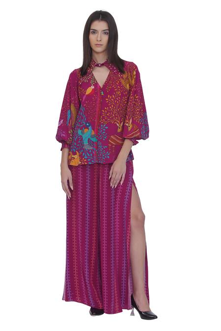 Shop_Limerick By Abirr N' Nanki_Pink Crepe Embroidery Keyhole Neck Printed Shirt 