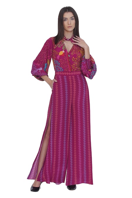 Shop Limerick By Abirr N' Nanki Pink Crepe Floral Print Palazzo Pant Shop_Limerick By Abirr N' Nanki_Pink Crepe Floral Print Palazzo Pant