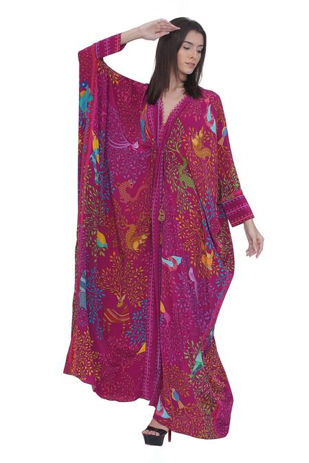 Limerick By Abirr N' Nanki Pink Crepe V-neck Printed Kaftan In Online at Aza Fashions Limerick By Abirr N' Nanki_Pink Crepe V-neck Printed Kaftan In _Online_at_Aza_Fashions