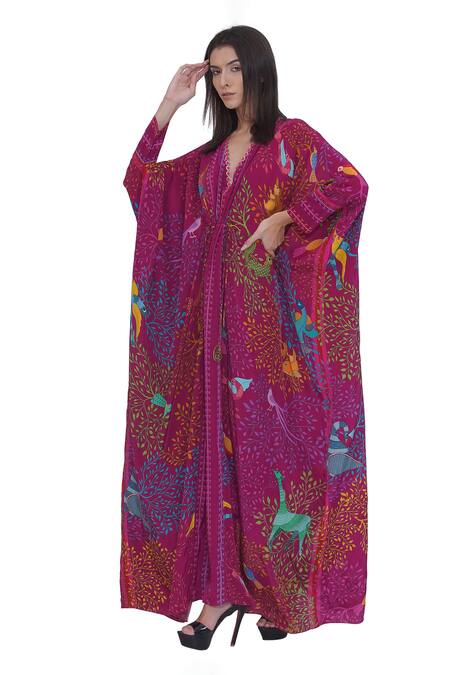 Buy Limerick By Abirr N' Nanki Pink Crepe V-neck Printed Kaftan In Online at Aza Fashions Buy_Limerick By Abirr N' Nanki_Pink Crepe V-neck Printed Kaftan In _Online_at_Aza_Fashions