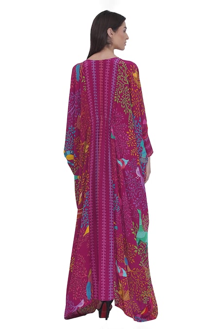 Shop Limerick By Abirr N' Nanki Pink Crepe V-neck Printed Kaftan In at Aza Fashions Shop_Limerick By Abirr N' Nanki_Pink Crepe V-neck Printed Kaftan In _at_Aza_Fashions