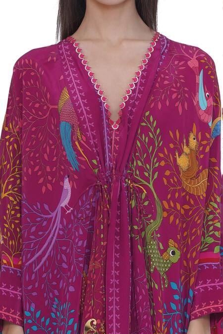 Shop Limerick By Abirr N' Nanki Pink Crepe V-neck Printed Kaftan In Online at Aza Fashions Shop_Limerick By Abirr N' Nanki_Pink Crepe V-neck Printed Kaftan In _Online_at_Aza_Fashions