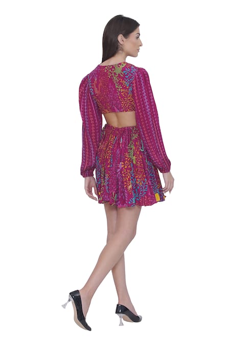 Shop Limerick By Abirr N' Nanki Pink Crepe V-neck Floral Print Cutout Dress at Aza Fashions Shop_Limerick By Abirr N' Nanki_Pink Crepe V-neck Floral Print Cutout Dress _at_Aza_Fashions