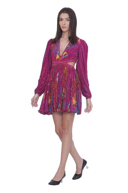 Limerick By Abirr N' Nanki Pink Crepe V-neck Floral Print Cutout Dress Online at Aza Fashions Limerick By Abirr N' Nanki_Pink Crepe V-neck Floral Print Cutout Dress _Online_at_Aza_Fashions