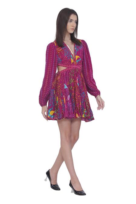 Buy Limerick By Abirr N' Nanki Pink Crepe V-neck Floral Print Cutout Dress Online at Aza Fashions Buy_Limerick By Abirr N' Nanki_Pink Crepe V-neck Floral Print Cutout Dress _Online_at_Aza_Fashions