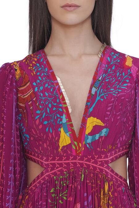 Shop Limerick By Abirr N' Nanki Pink Crepe V-neck Floral Print Cutout Dress Online at Aza Fashions Shop_Limerick By Abirr N' Nanki_Pink Crepe V-neck Floral Print Cutout Dress _Online_at_Aza_Fashions