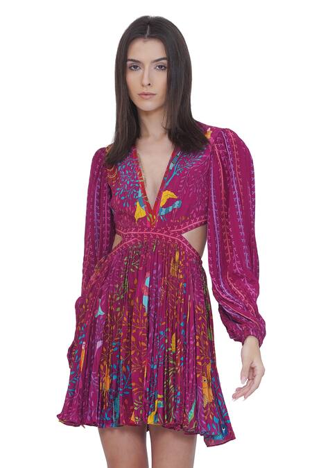 Limerick By Abirr N' Nanki Pink Crepe V-neck Floral Print Cutout Dress at Aza Fashions Limerick By Abirr N' Nanki_Pink Crepe V-neck Floral Print Cutout Dress _at_Aza_Fashions