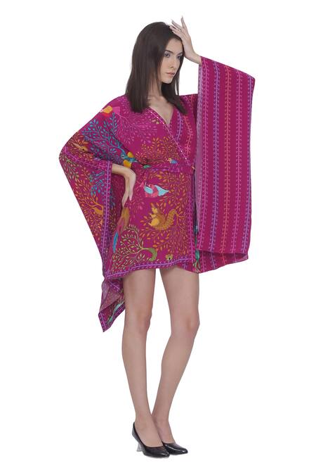 Limerick By Abirr N' Nanki Pink Crepe V-neck Floral Print Kaftan Online at Aza Fashions Limerick By Abirr N' Nanki_Pink Crepe V-neck Floral Print Kaftan _Online_at_Aza_Fashions