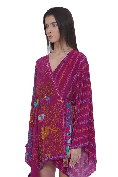 Limerick By Abirr N' Nanki Pink Crepe V-neck Floral Print Kaftan at Aza Fashions Limerick By Abirr N' Nanki_Pink Crepe V-neck Floral Print Kaftan _at_Aza_Fashions