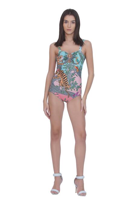 Buy_Limerick By Abirr N' Nanki_Multi Color Polyester, Spandex Scoop Neck Multicolor Designer Monokini _Online_at_Aza_Fashions